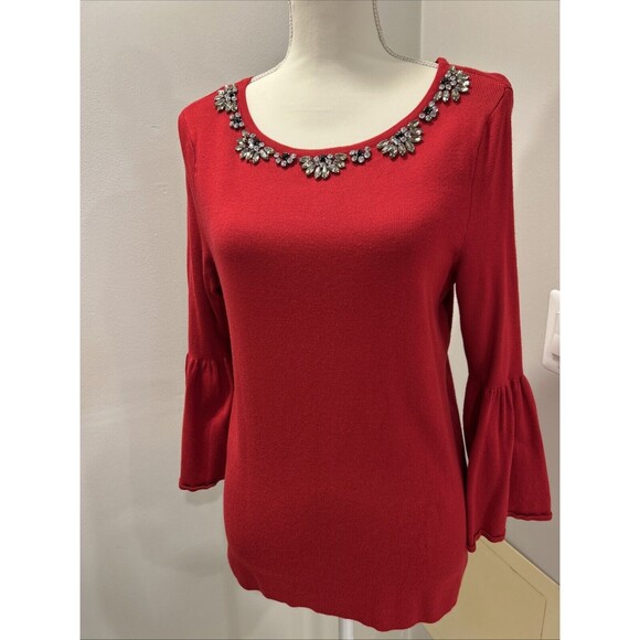 Charter Club Medium Embellished Jeweled Sweater Red Amore Bell Sleeve - Picture 1 of 5
